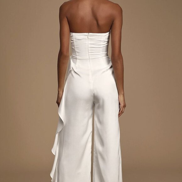 NWT Lulus Cascading Love White Strapless Ruffled Wide-Leg Jumpsuit - Picture 4 of 8